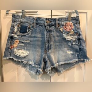 American Eagle High Waisted Festival Denim Shorts with Floral Embroidery